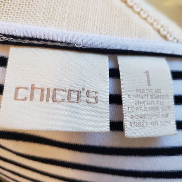 CHICOS BLK / WHITE STRIPED BOTTOM BLOUSE SIZE 1 (M8) - Picture 5 of 5